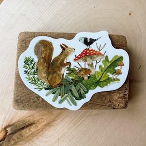 May include: A sticker featuring a cartoon squirrel, a bird, and mushrooms in a forest setting. The squirrel is brown and has a bushy tail. The bird is black and white and is perched on top of a red and white mushroom. The mushrooms are surrounded by green leaves and branches.