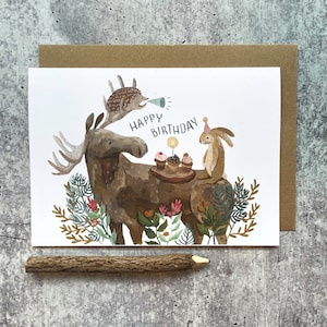 Verjaardagskaart eland | Kaarten voor buiten, kaarten met bosdieren, grappige wenskaarten, kinderverjaardagskaarten, gelukkige verjaardagskaart, blanco kaarten