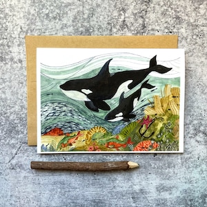Ocean Orcas Card | Cartes de plein air, Cartes Océan, Cartes colorées, Cartes Fantaisistes, Cartes d’amour, Cartes d’animaux marins, Cartes faites à la main