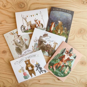 Sechs Geburtstagskarten-Set | Woodland Geburtstagskarte, Tierkarten, Outdoor-Karten, Grußkarten, Geburtstagskartenpaket, Aquarellkarten
