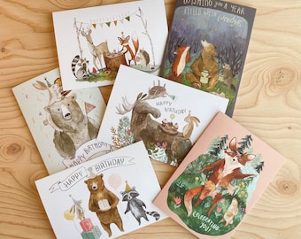 Six Birthday Card Set | Woodland Birthday Card, Animal Cards, Outdoor Cards, Greeting Cards, Birthday Card Pack, Watercolor Cards
