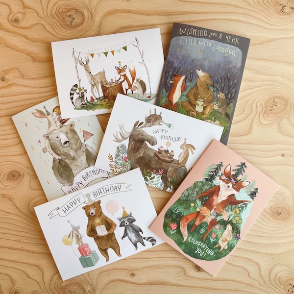 Six Birthday Card Set | Woodland Birthday Card, Animal Cards, Outdoor Cards, Greeting Cards, Birthday Card Pack, Watercolor Cards