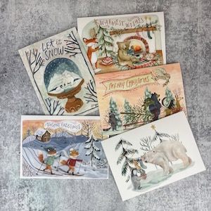 5 pack of Holiday Christmas Cards | Woodland Cozy Christmas, Whimsical Greeting Cards, Handmade Christmas Cards