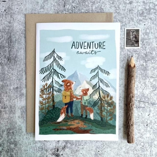 Adventure Awaits Card | Outdoor Cards, Woodland Animal Cards, Fun Cards, Cute Cards, Whimsical Greeting Cards, Hiking Cards, Handmade Cards