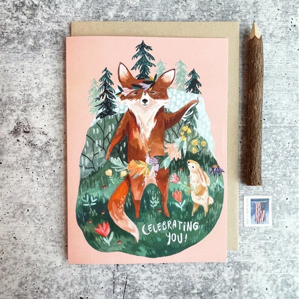 Celebrating You Birthday Card | Girls Birthday Card, Woodland Animal Cards, Whimsical Greeting Cards, Happy Birthday Card, Handmade Cards