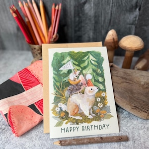 Biglietto di auguri per conigli / Biglietti di buon compleanno / Biglietti per esterni, Biglietti con animali del bosco, Biglietti fantasiosi, Biglietti di compleanno per bambini