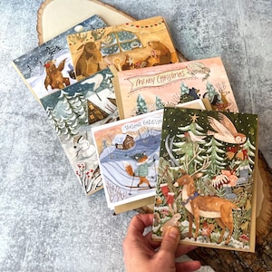 Paquete de 6 tarjetas navideñas (2024) / Woodland Cozy Christmas, tarjetas de felicitación extravagantes, tarjetas navideñas hechas a mano