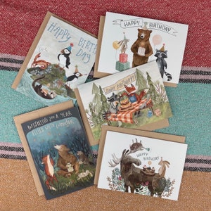 Conjunto de cartões de cinco aniversários (2023) | Cartão de aniversário da floresta, cartões de animais, cartões ao ar livre, cartões comemorativos, pacote de cartões de aniversário, cartões em aquarela