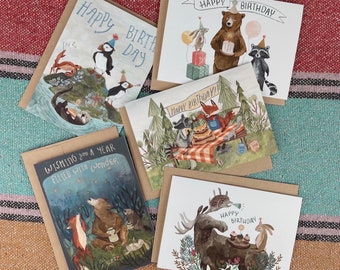 Five Birthday Card Set (2023) | Woodland Birthday Card, Animal Cards, Outdoor Cards, Greeting Cards, Birthday Card Pack, Watercolor Cards