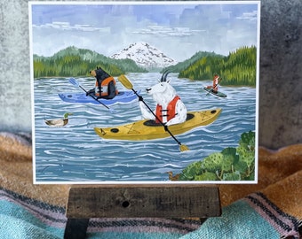 Kayak Lake Print | Gouache Art Print | Woodland Wall Art | Boys Wall Art | Goat Print | Kids Room Wall Art