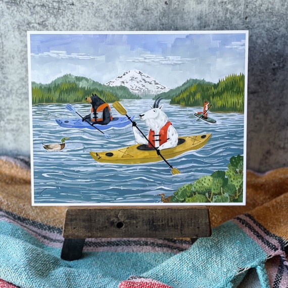 Kayak Lake Print | Gouache Art Print | Woodland Wall Art | Boys Wall Art | Goat Print | Kids Room Wall Art