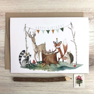 Tarjeta de cumpleaños del bosque / Tarjetas de feliz cumpleaños / Tarjetas al aire libre, Tarjetas de animales del bosque, Tarjetas caprichosas, Tarjetas de cumpleaños para niños