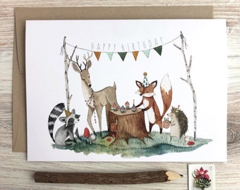 Woodland Birthday Card | Happy Birthday Cards | Outdoor Cards, Woodland Animal Cards, Whimsical Cards, Kids Birthday Cards