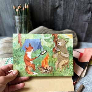 Tarjetas de fogatas matutinas / Tarjetas al aire libre, Tarjetas de animales del bosque, Tarjetas de felicitación caprichosas, Tarjetas de verano, Tarjeta de camping, Tarjeta de alegría, Tarjeta divertida
