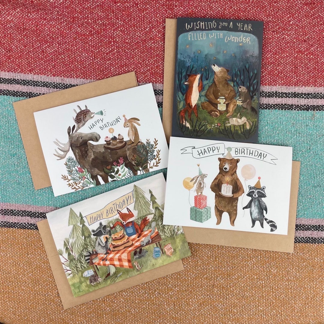 Four Birthday Card Set (2023) | Woodland Birthday Card, Animal Cards ...