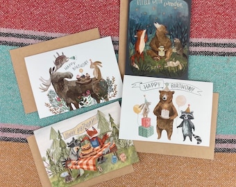 Four Birthday Card Set (2023) | Woodland Birthday Card, Animal Cards, Outdoor Cards, Greeting Cards, Birthday Card Pack, Watercolor Cards