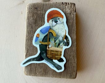 Pegatina de nutria pescadora / Pegatinas de vinilo troqueladas de primera calidad / Para portátiles, botellas de agua, agendas, termos, parachoques de coche, planificadores, etc.