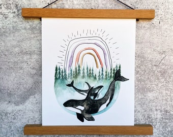 Pacific Northwest Orcas Print (no words) | Watercolor Art Print | Woodland Wall Art | Woodland Nursery Art | Whale Watercolor Art