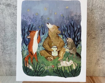 Firefly Night Print | Gouache Art Print | Woodland Wall Art | Boys Nursery Art | Girls Nursery Art | Beaver Wall Art | Fox Wall Decor