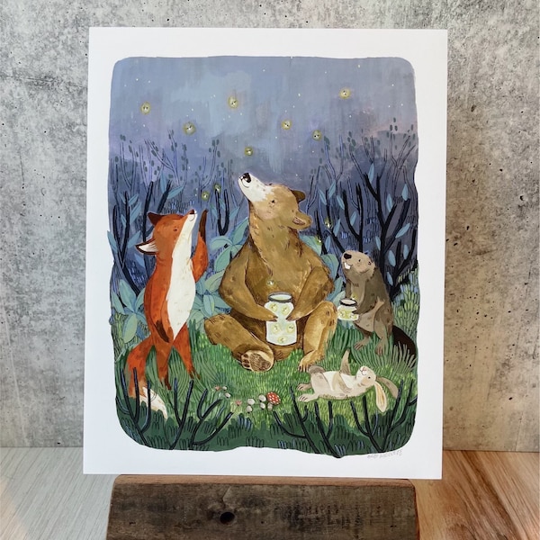 Firefly Night Print | Gouache Art Print | Woodland Wall Art | Boys Nursery Art | Girls Nursery Art | Beaver Wall Art | Fox Wall Decor