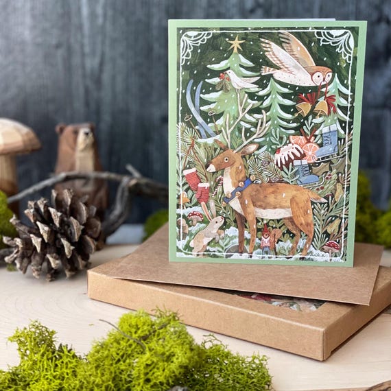 Boxed Card Set of 6 Woodland Christmas Holiday Cards | Woodland Animals Christmas Cards, Woodland Cozy Christmas, Arctic Animals Card