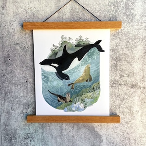 San Juan Orca Print | Gouache Art Print | Woodland Wall Art | Woodland Nursery Art | Orca Whale Art | Otter Wall Art | Sea Lion Art