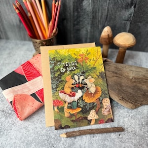 Mushroom Cheers Birthday Card | Happy Birthday Cards | Outdoor Cards, Woodland Animal Cards, Whimsical Cards, Kids Birthday Cards