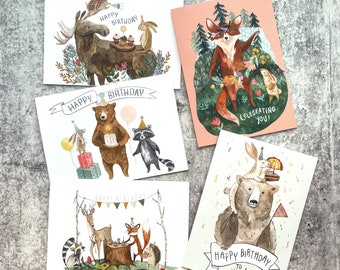 Five Birthday Card Set | Woodland Birthday Card, Animal Cards, Outdoor Cards, Greeting Cards, Birthday Card Pack, Watercolor Cards