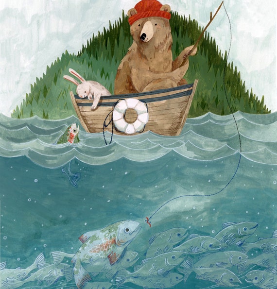 Fishing Day Print | Woodland Wall Art | Woodland Nursery Art | Fishing  Woodland Art | Kids Room Wall Art | Watercolor Wall Art