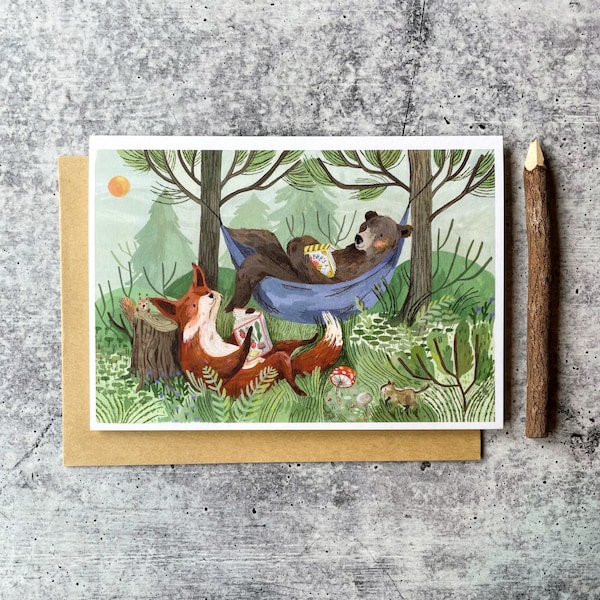 Lazy Days Card | Outdoors Cards, Woodland Animal Cards, Whimsical Greeting Cards, Summer Cards, Camping Card, Happy Card, Fun Card