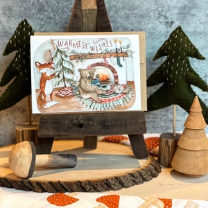 Deseos más cálidos Tarjeta de Navidad navideña / Tarjetas de Navidad de animales del bosque, Navidad acogedora del bosque, Tarjetas de felicitación caprichosas