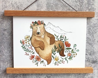 Blossom Bear Print | Watercolor Art Print | Woodland Wall Art | Woodland Nursery Print | Girls Brown Bear Art | Girls Room Wall Art