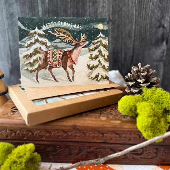 Boxed Card Set of 6 Reindeer Christmas Holiday Cards | Woodland Animals Christmas Cards, Woodland Cozy Christmas, Arctic Animals Card