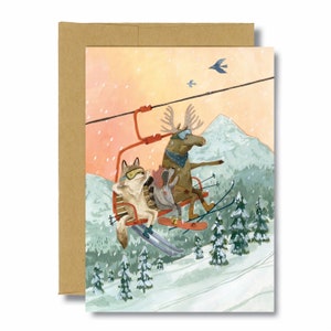 Karta zimowa Sunset Ski | Kartki świąteczne Woodland Animals, Woodland Cozy Christmas, Fantastyczne kartki okolicznościowe
