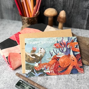 Cartão de aniversário de polvo | Cartões de feliz aniversário | Cartões para atividades ao ar livre, Cartões de aniversário com tema de oceano, Cartões divertidos, Cartões de aniversário infantis