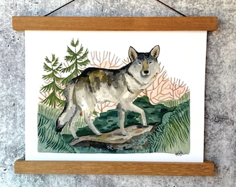 Grijze wolf kunstafdruk | Aquarel kunstafdruk | Boskunst aan de muur | Bos kinderkamerkunst | Wolf Art jongenskamer | Boswolfkunst
