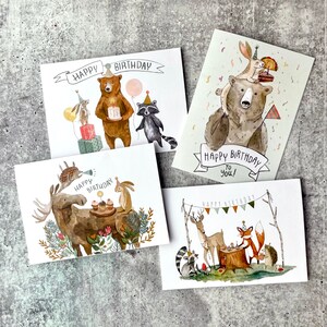 Vier verjaardagskaartenset | Bosverjaardagskaart, dierenkaarten, buitenkaarten, wenskaarten, verjaardagskaartpakket, aquarelkaarten