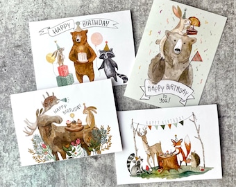 Four Birthday Card Set | Woodland Birthday Card, Animal Cards, Outdoor Cards, Greeting Cards, Birthday Card Pack, Watercolor Cards