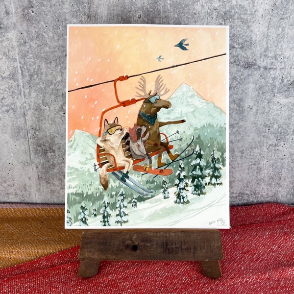 Sunset Ski Print | Winter Art Print | Woodland Wall Art | Woodland Cabin Art | Adventure Painting | Kids Room Wall Art