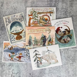 6 pack of Holiday Christmas Cards (2022) | Woodland Cozy Christmas, Whimsical Greeting Cards, Handmade Christmas Cards