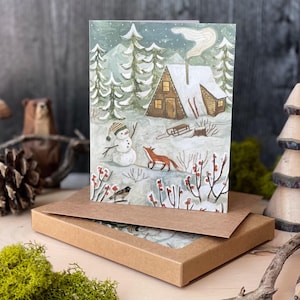 Zestaw 6 kartek w pudełku Christmas CabinHoliday Cards | Kartki świąteczne Woodland Animals, Woodland Cozy Christmas, Winter Cabin Card