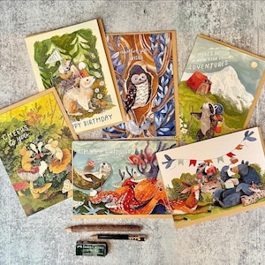 Lot de six cartes d'anniversaire (2025) | Carte d'anniversaire forêt, cartes Animal, cartes d'extérieur, cartes de voeux, lot de cartes d'anniversaire, cartes aquarelles