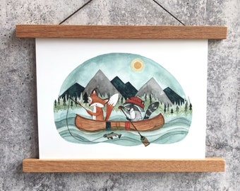Canoe Adventure Print | Watercolor Art Print | Woodland Wall Art | Woodland Nursery Art | Fishing Woodland Art | Kids Room Wall Art