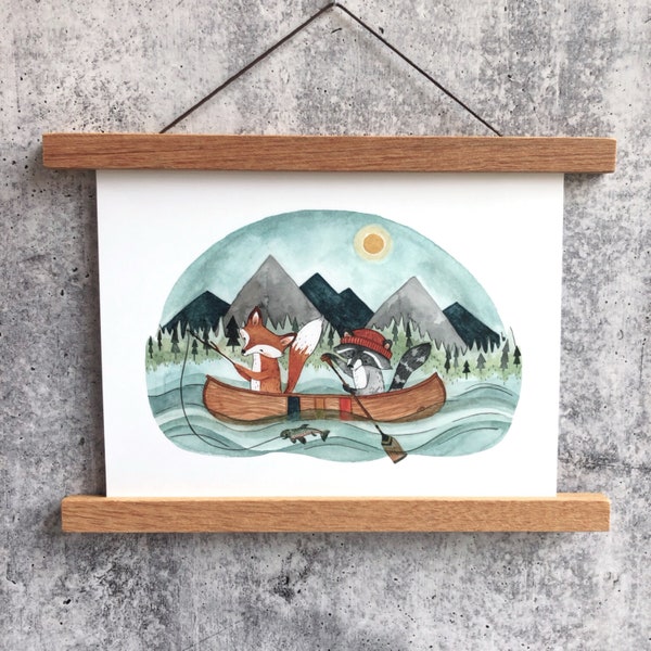 Canoe Adventure Print | Watercolor Art Print | Woodland Wall Art | Woodland Nursery Art | Fishing Woodland Art | Kids Room Wall Art