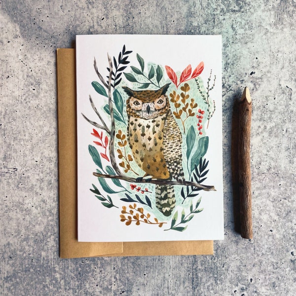 Flora Owl Card | Girls Birthday Card, Woodland Animal Cards, Whimsical Greeting Cards, Owl Cards, Handmade Cards