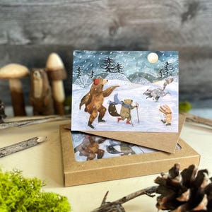 Juego de 6 tarjetas navideñas de patinaje sobre hielo en invierno, tarjetas navideñas con animales del bosque, tarjetas navideñas acogedoras con animales del bosque, tarjetas navideñas de invierno