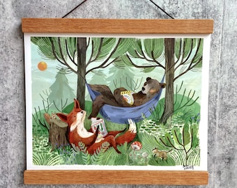 May include: A brown bear and a red fox relax in a hammock and read books in a green forest setting. The hammock is blue and white with a green and white striped pattern. The bear is wearing a blue hat and the fox is wearing a red hat.