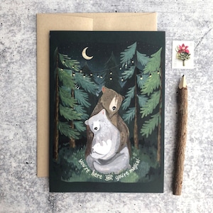floresta da noite cartão comemorativo | Cartões ao ar livre, cartões de animais da floresta, cartões caprichosos, cartões feitos à mão