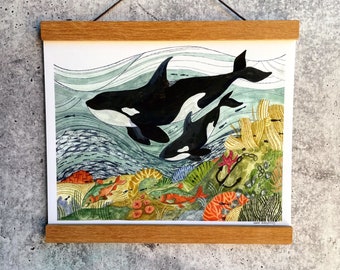 Ocean Orcas Print | Gouache Art Print | Ocean Wall Art | Woodland Nursery Art | Whale Watercolor Art