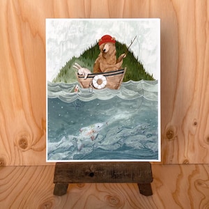 Fishing Day Print | Woodland Wall Art | Woodland Nursery Art | Fishing Woodland Art | Kids Room Wall Art | Watercolor Wall Art